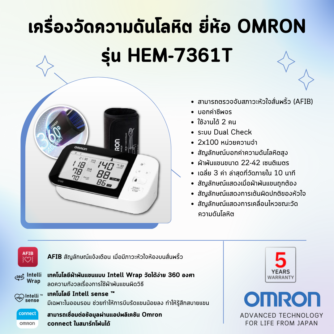 เครื่องวัดความดันโลหิต ยี่ห้อ OMRON รุ่น HEM-7361T (Advanced Technology for life from Japan)