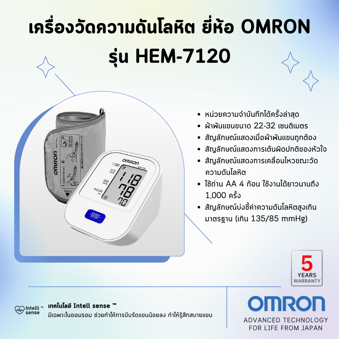 เครื่องวัดความดันโลหิต ยี่ห้อ OMRON รุ่น HEM-7120 (Advanced Technology for life from Japan)